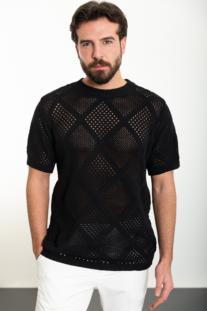 Black Color Crew Neck Design Casual Men's Knit Tshirt