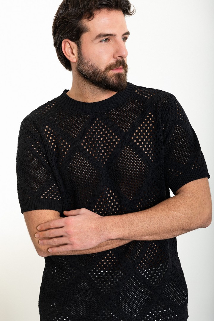 Black Color Crew Neck Design Casual Men's Knit Tshirt