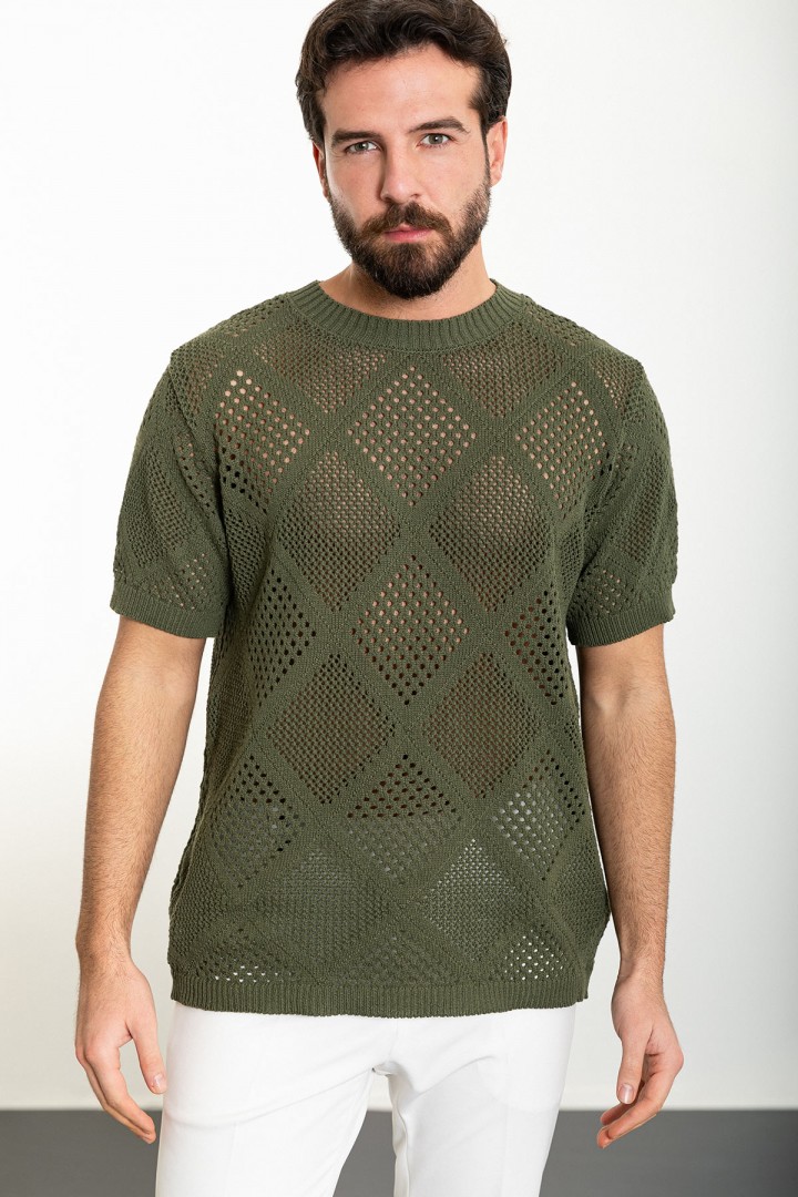 Khaki Color Crew Neck Design Casual Men's Knit Tshirt