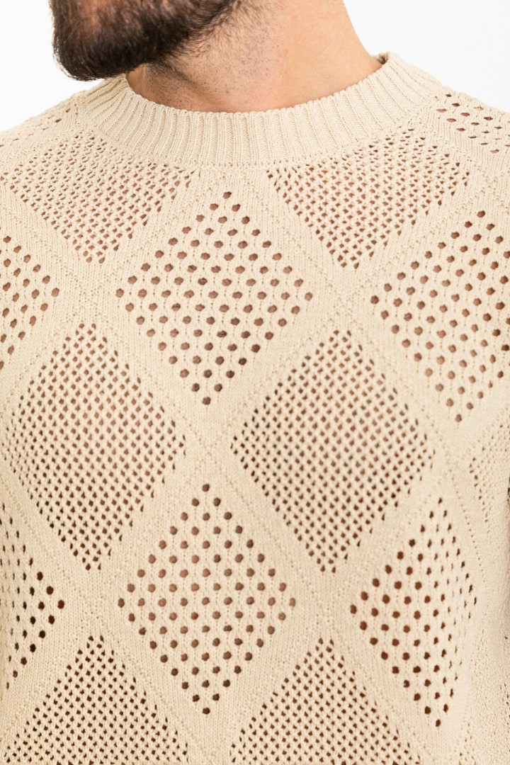Beige Color Crew Neck Design Casual Men's Knit Tshirt