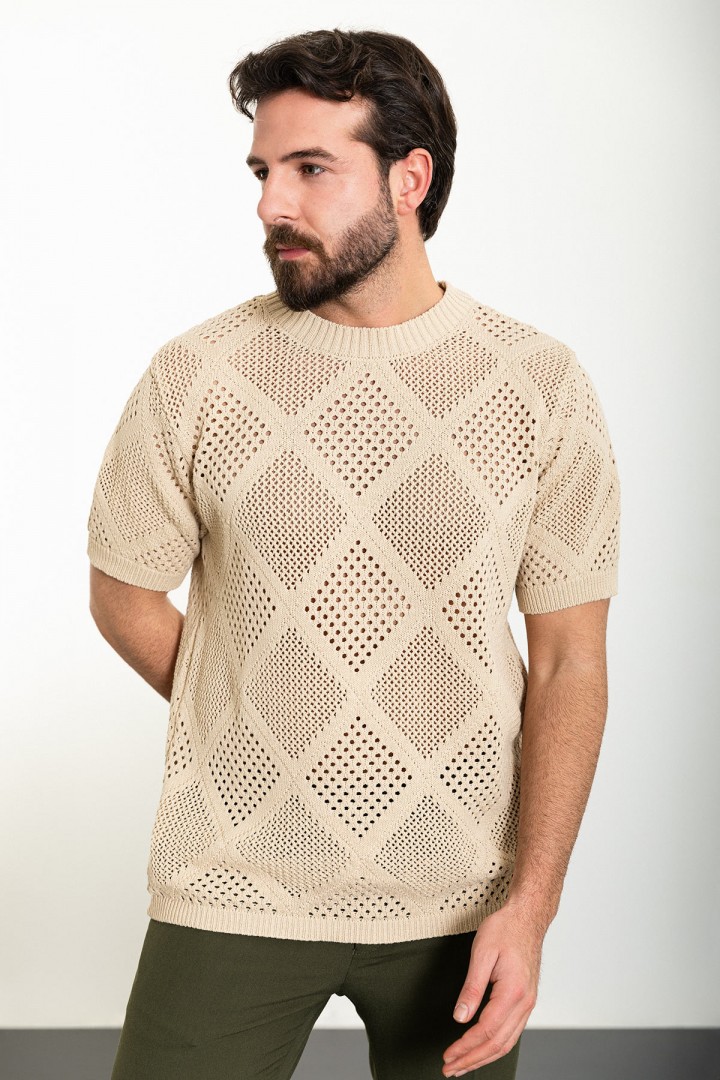 Beige Color Crew Neck Design Casual Men's Knit Tshirt