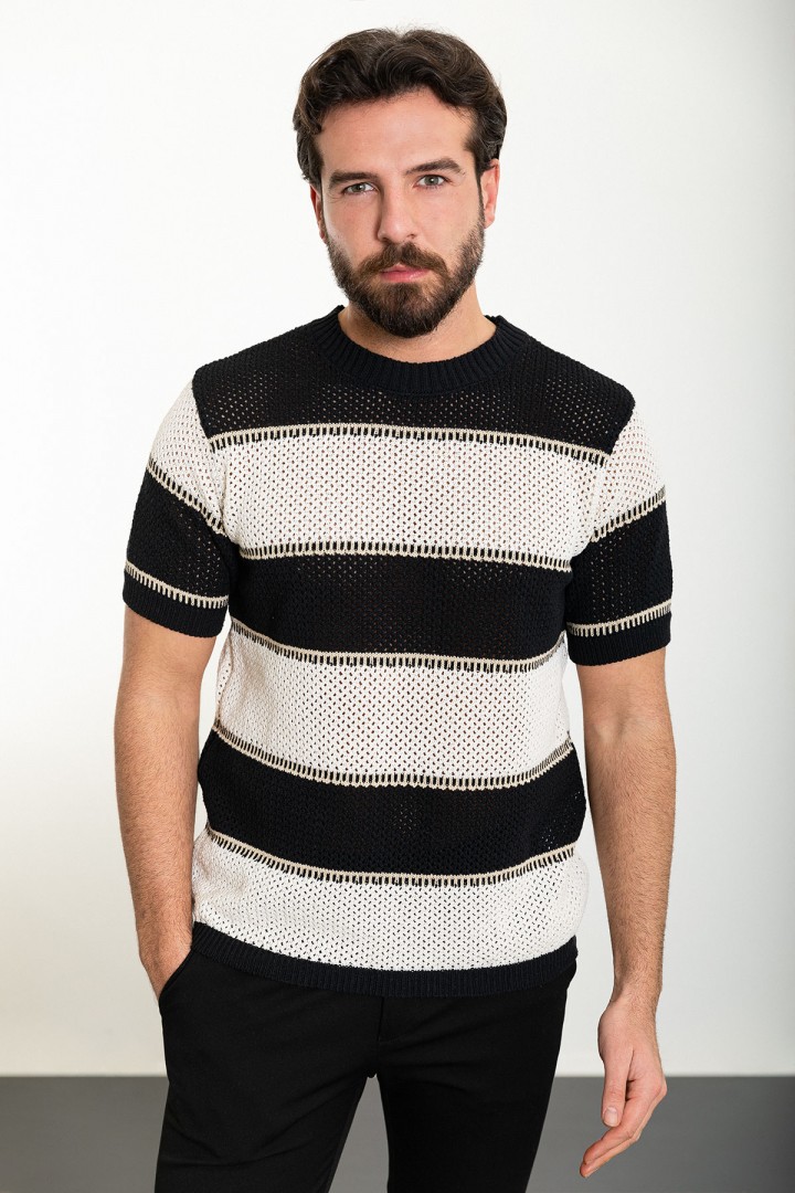 Black Color Striped Design Casual Men's Knit TShirt