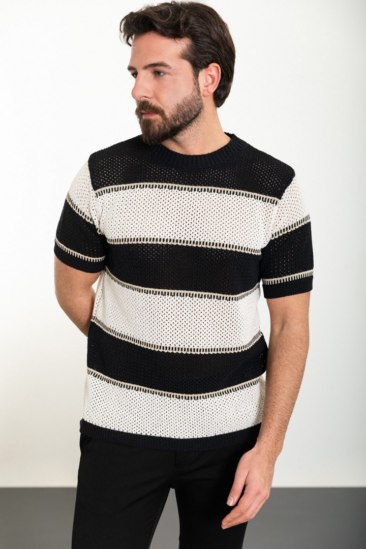 Black Color Striped Design Casual Men's Knit TShirt