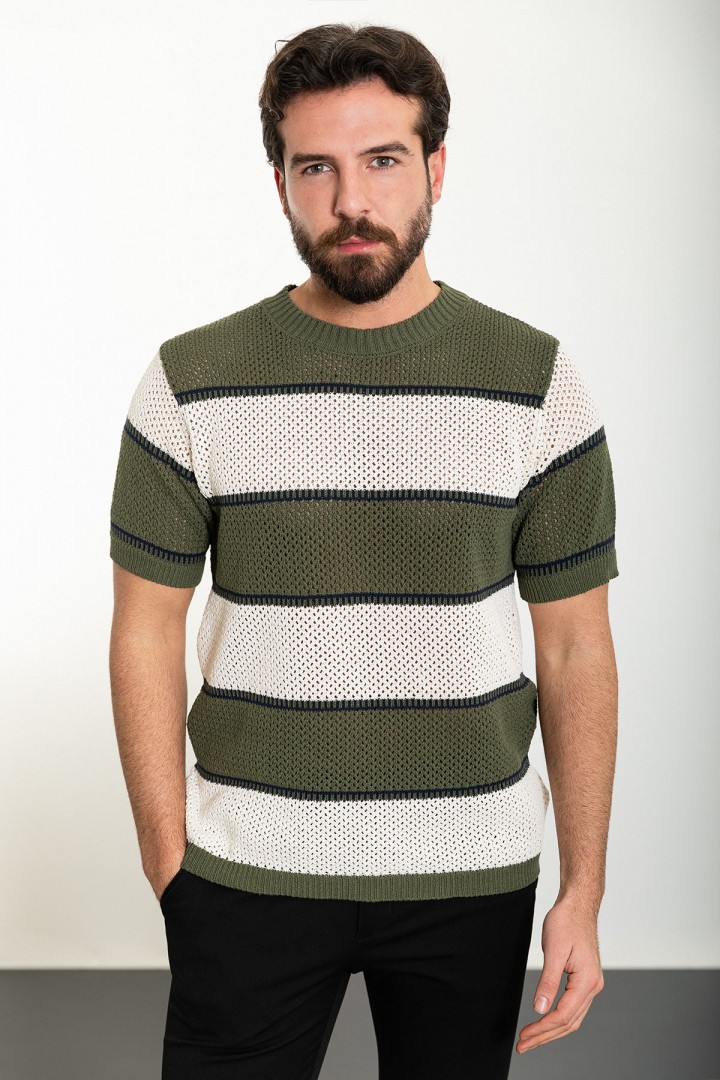 Ecru Color Striped Design Casual Men's Knit TShirt