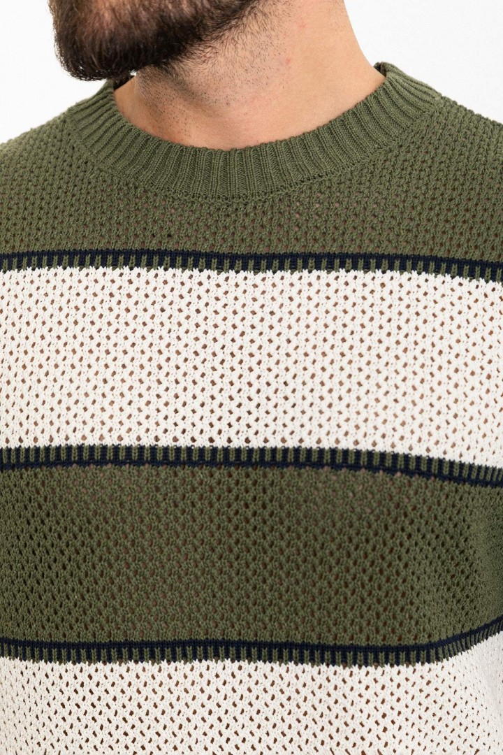 Ecru Color Striped Design Casual Men's Knit TShirt