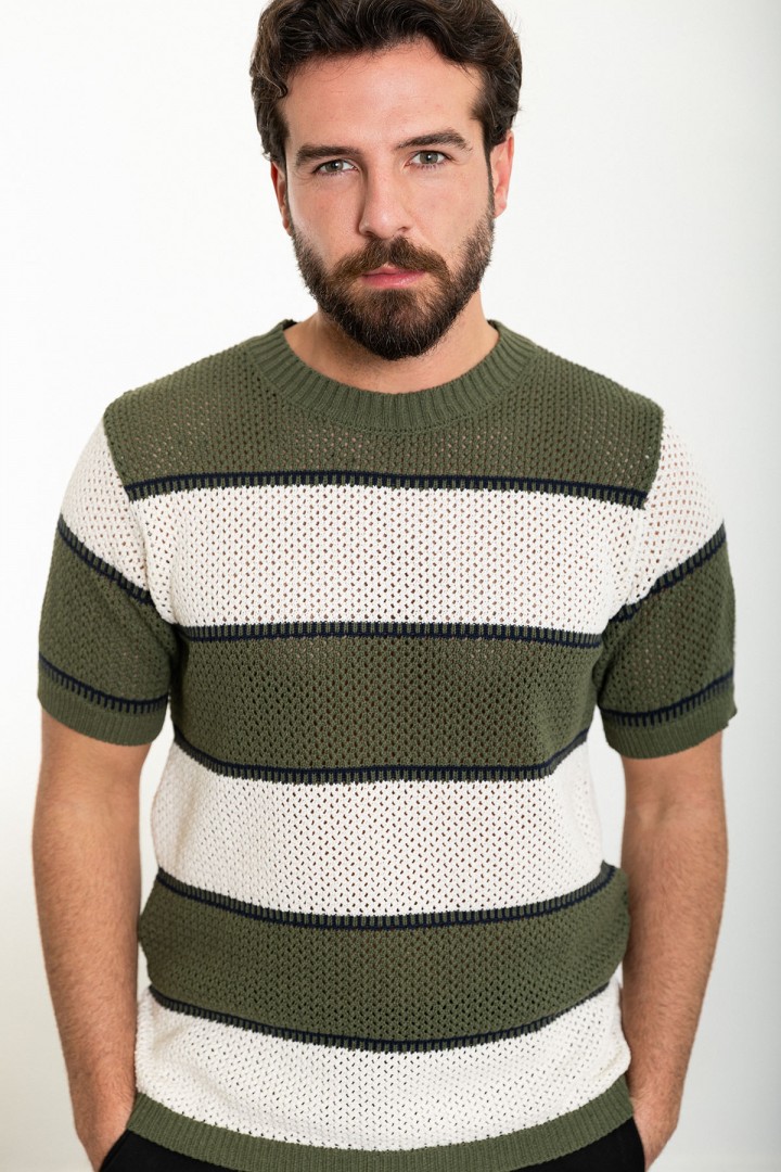 Ecru Color Striped Design Casual Men's Knit TShirt