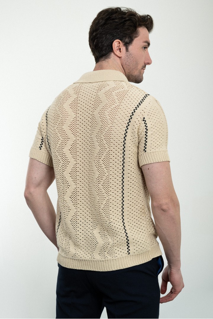 Beige Color Figured Design Casual Men's Knit Shirt