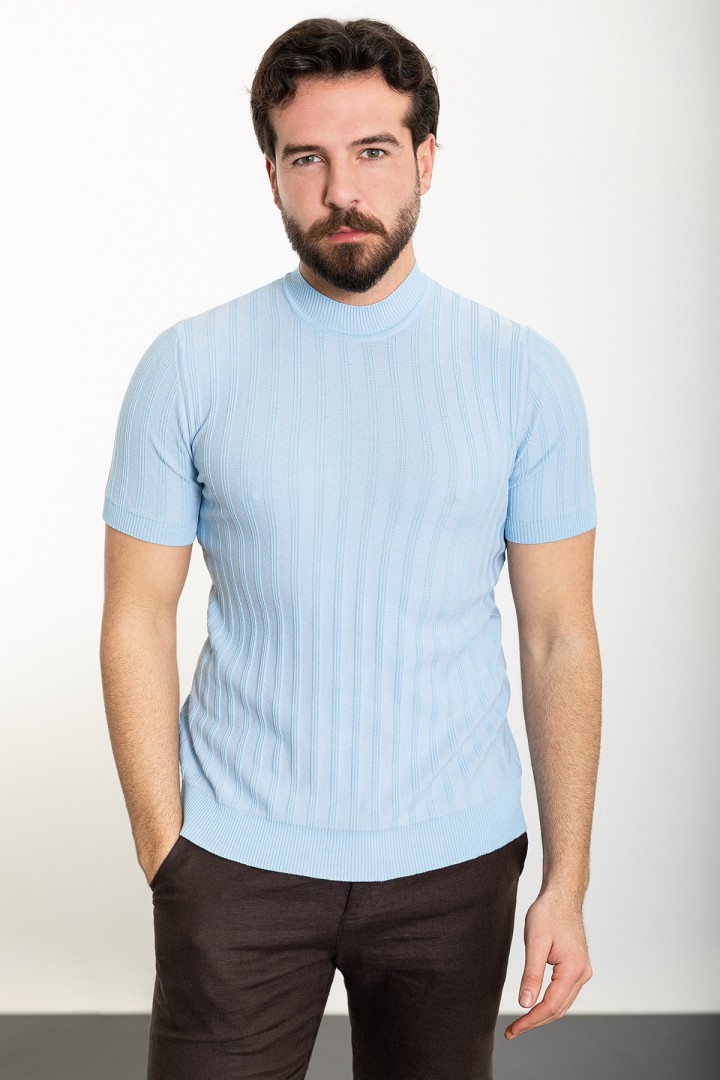 Blue Color Striped And Mock Turtleneck Design Classic Men's Knit Tshirt