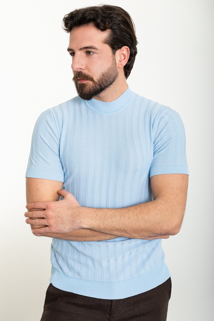 Blue Color Striped And Mock Turtleneck Design Classic Men's Knit Tshirt
