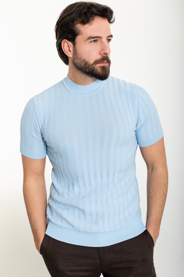 Blue Color Striped And Mock Turtleneck Design Classic Men's Knit Tshirt
