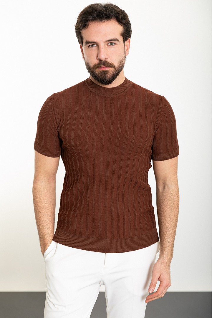 Tile Color Striped And Mock Turtleneck Design Classic Men's Knit Tshirt