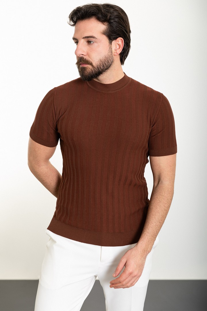 Tile Color Striped And Mock Turtleneck Design Classic Men's Knit Tshirt