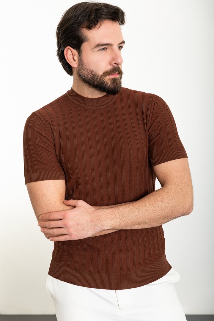 Tile Color Striped And Mock Turtleneck Design Classic Men's Knit Tshirt