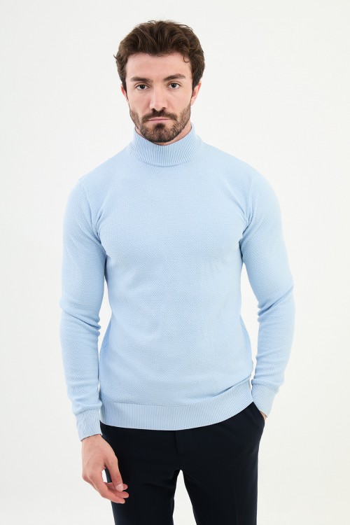 Blue Color Mock Turtleneck Design Classic Men's Knitwear