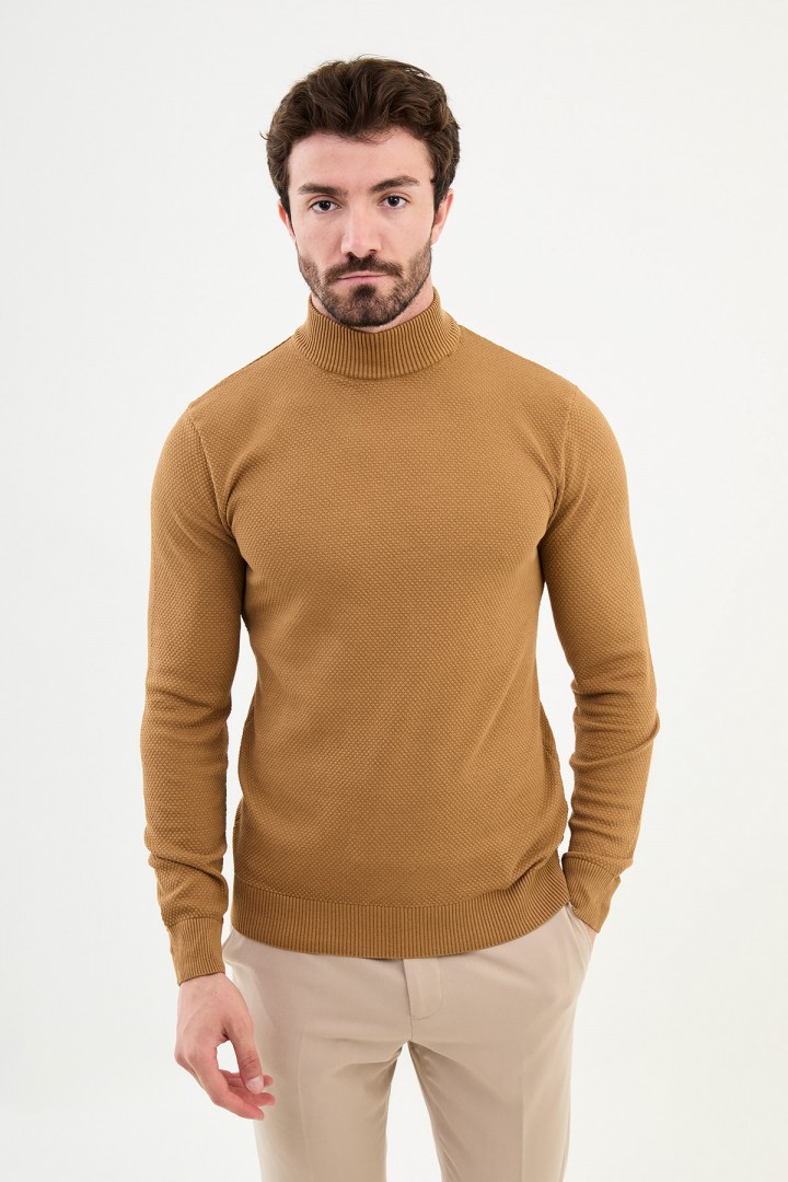 Camel Color Mock Turtleneck Design Classic Men's Knitwear