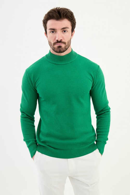 Green Color Mock Turtleneck Design Classic Men's Knitwear