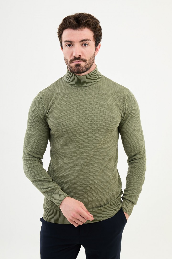 Khaki Color Mock Turtleneck Design Classic Men's Knitwear