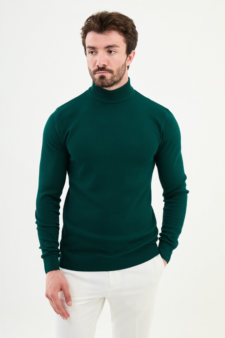 Emerald Color Mock Turtleneck Design Classic Men's Knitwear