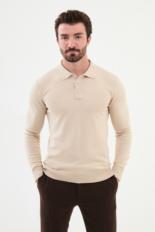 Beige Color Shirt Collar Design Classic Men's Knitwear