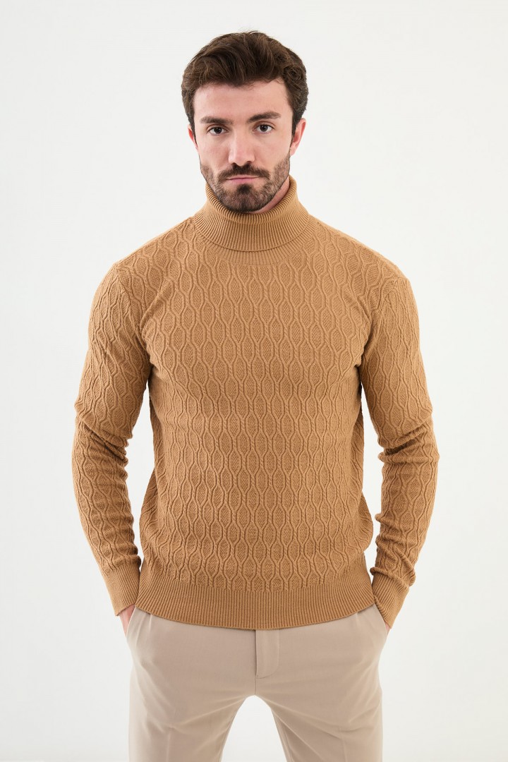 Camel Color Figured And Turtleneck Design Casual Men's Knitwear