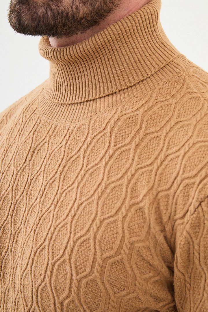 Camel Color Figured And Turtleneck Design Casual Men's Knitwear