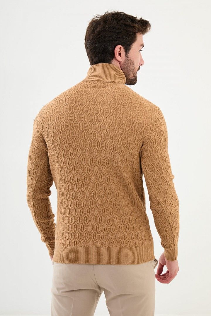 Camel Color Figured And Turtleneck Design Casual Men's Knitwear