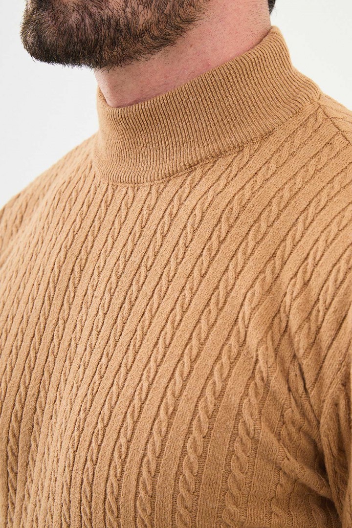 Camel Color Figured Design Casual Mock Turtleneck Mens Knitwear