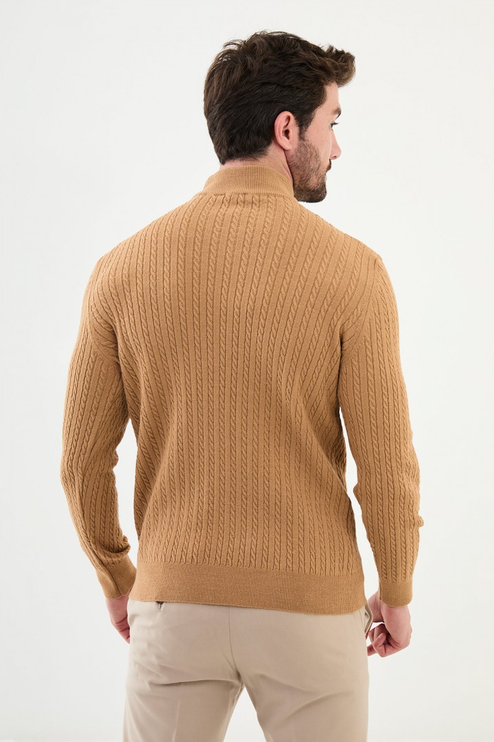 Camel Color Figured Design Casual Mock Turtleneck Mens Knitwear