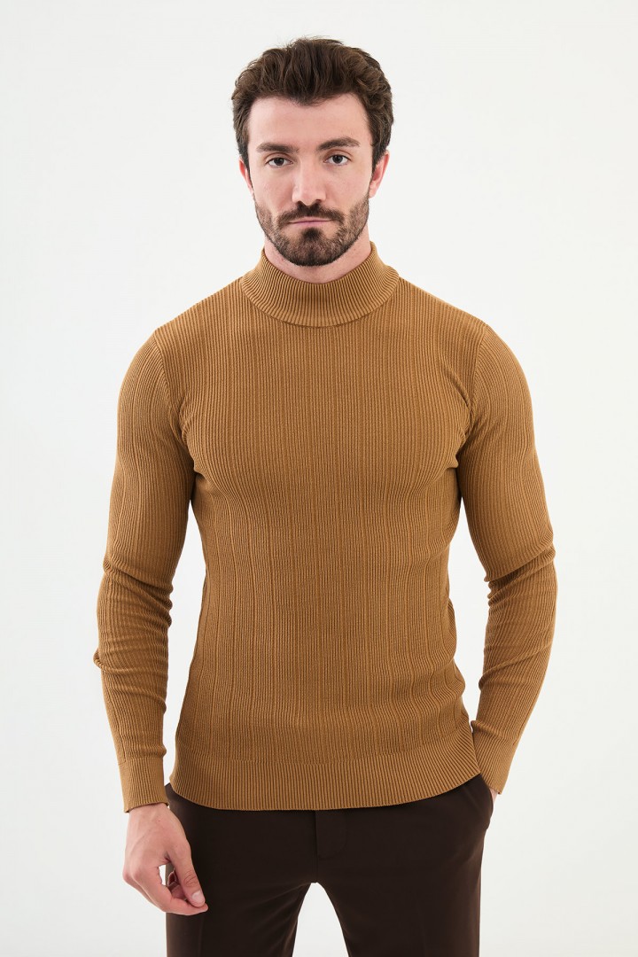 Camel Color Dobby Design Mock Turtleneck Casual Men's Knitwear