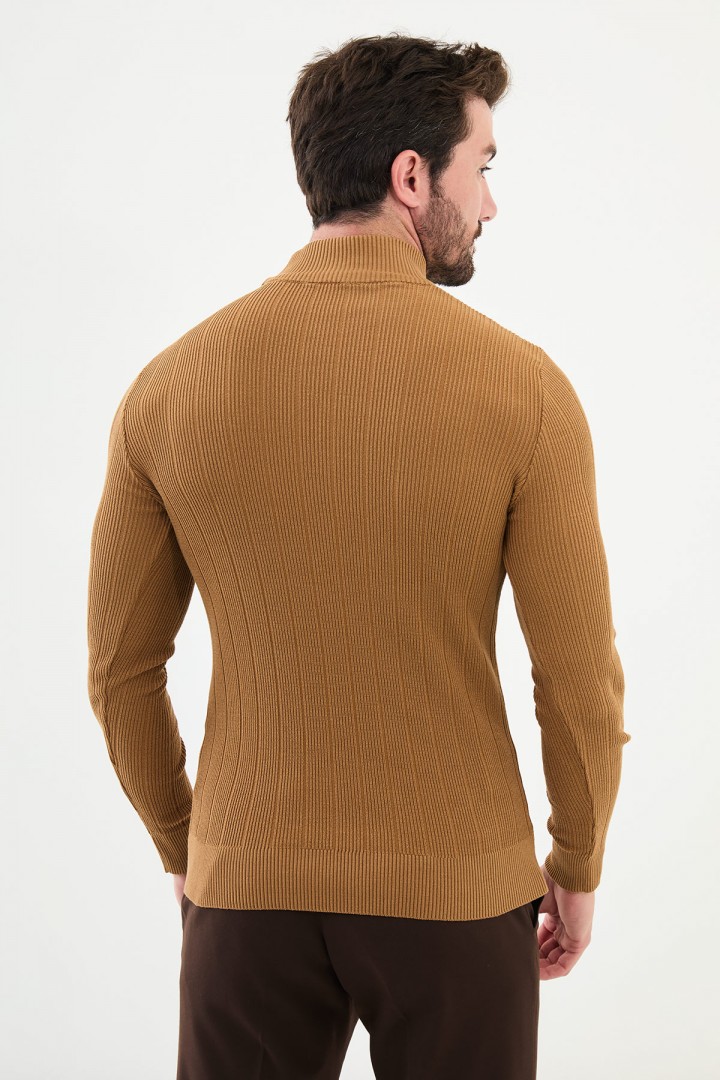 Camel Color Dobby Design Mock Turtleneck Casual Men's Knitwear
