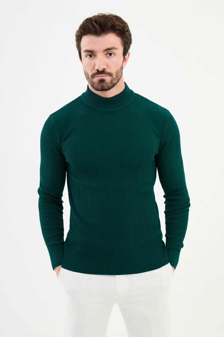 Emerald Color Dobby Design Mock Turtleneck Casual Men's Knitwear
