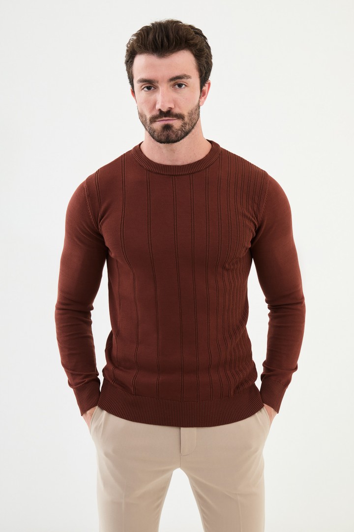 Tile Color Striped Design Classic Crew Neck Men's Knitwear