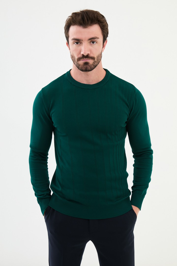Emerald Color Striped Design Classic Crew Neck Men's Knitwear