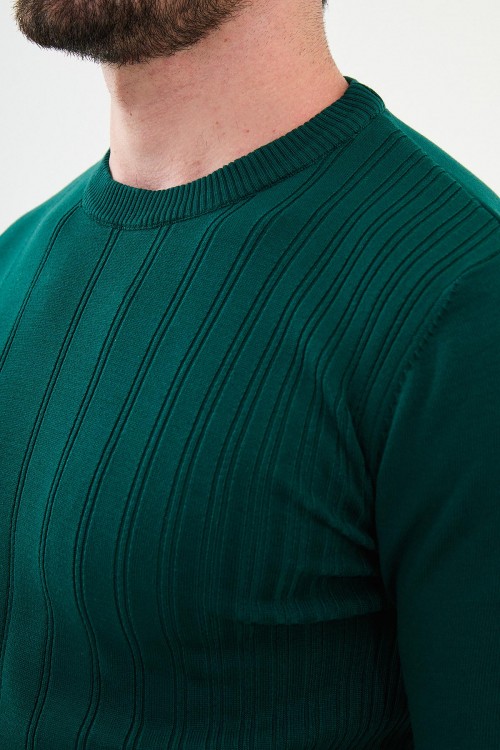 Emerald Color Striped Design Classic Crew Neck Men's Knitwear