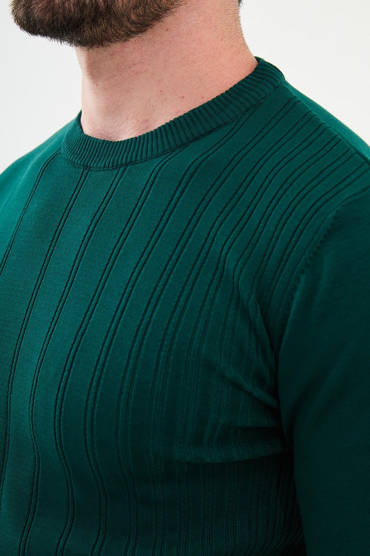 Emerald Color Striped Design Classic Crew Neck Men's Knitwear