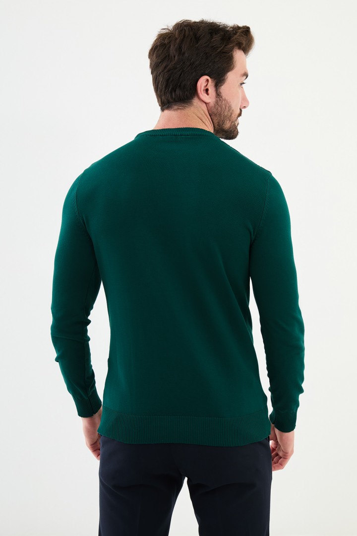 Emerald Color Striped Design Classic Crew Neck Men's Knitwear