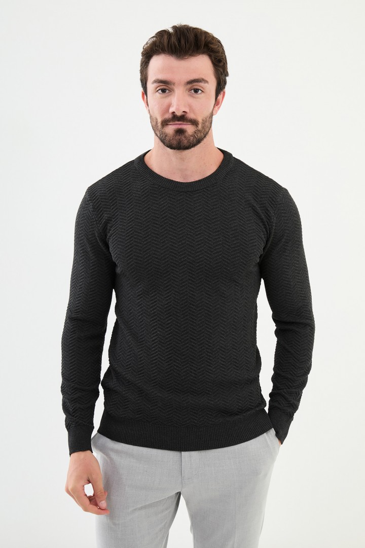 Anthracite Color Figured Design Classic Crew Neck Men's Knitwear