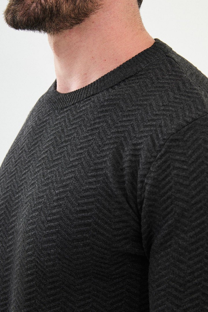 Anthracite Color Figured Design Classic Crew Neck Men's Knitwear