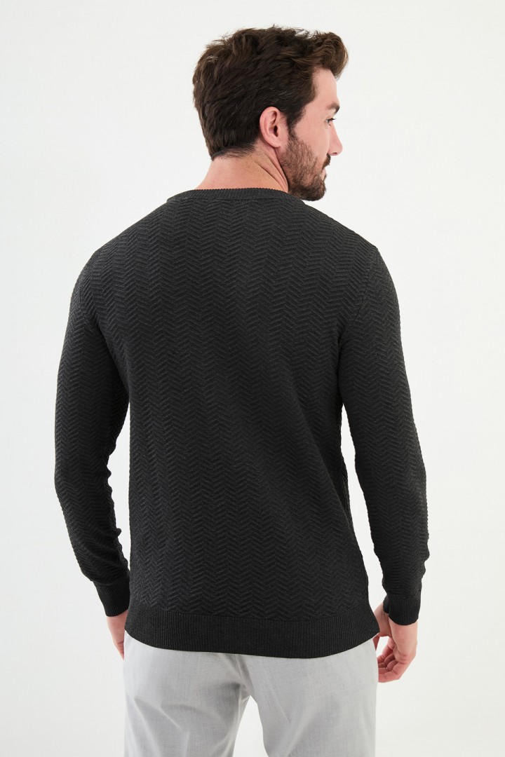Anthracite Color Figured Design Classic Crew Neck Men's Knitwear
