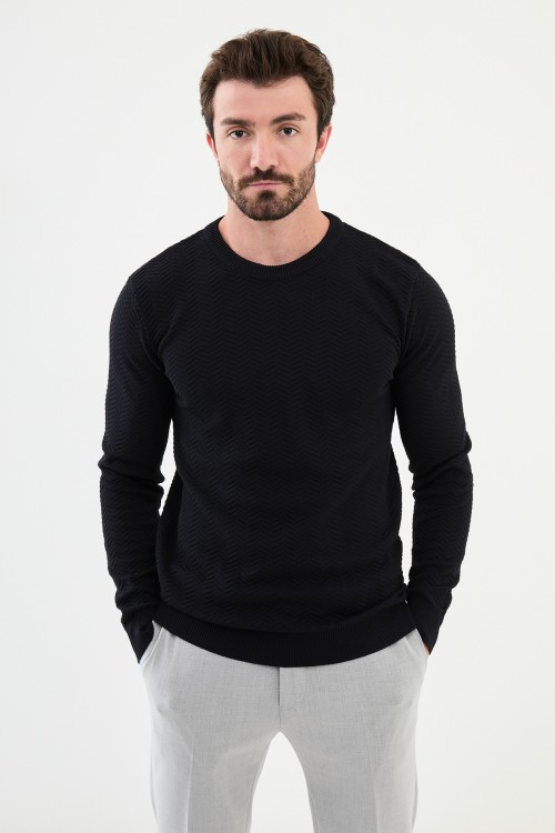 Dark Blue Color Figured Design Classic Crew Neck Men's Knitwear