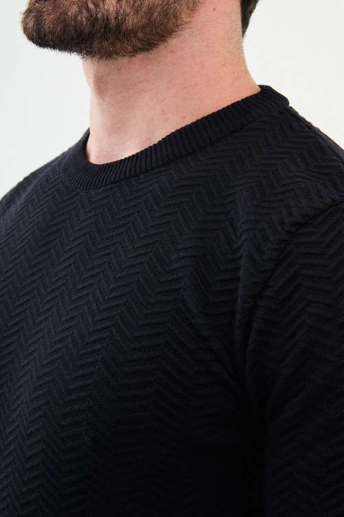 Dark Blue Color Figured Design Classic Crew Neck Men's Knitwear
