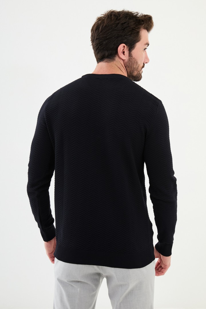 Dark Blue Color Figured Design Classic Crew Neck Men's Knitwear