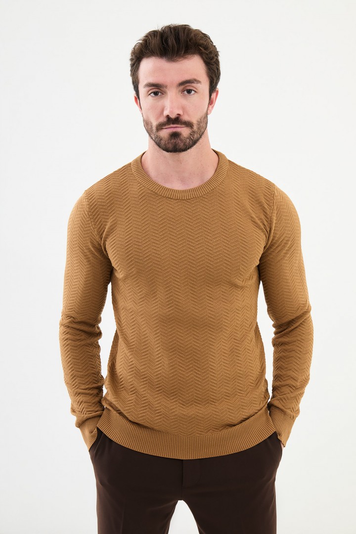 Camel Color Figured Design Classic Crew Neck Men's Knitwear