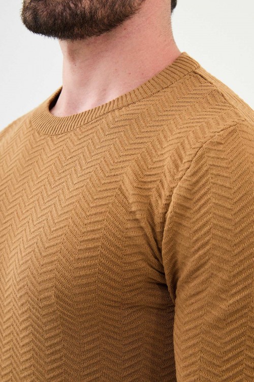 Camel Color Figured Design Classic Crew Neck Men's Knitwear