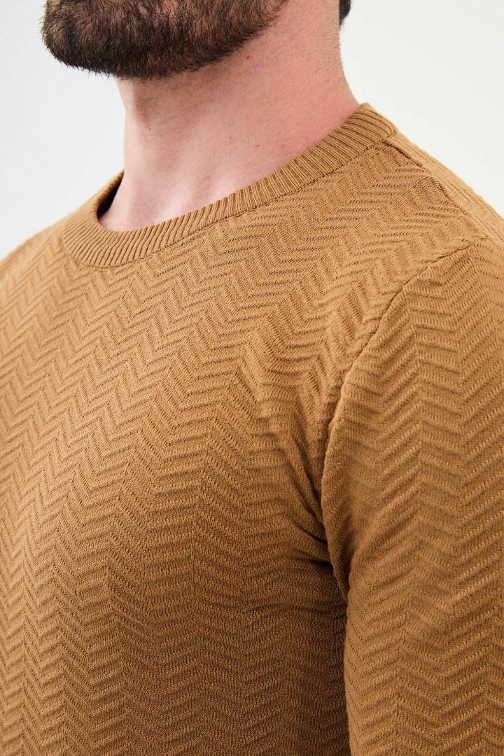 Camel Color Figured Design Classic Crew Neck Men's Knitwear