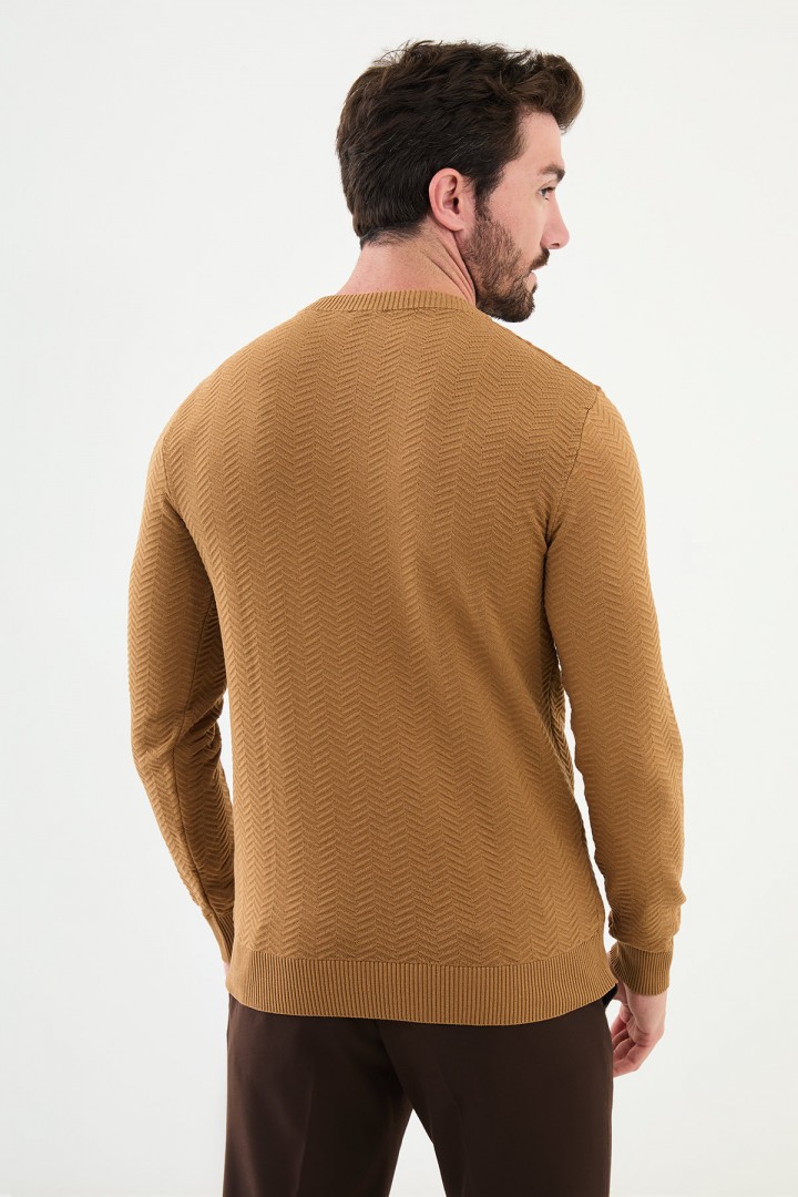 Camel Color Figured Design Classic Crew Neck Men's Knitwear