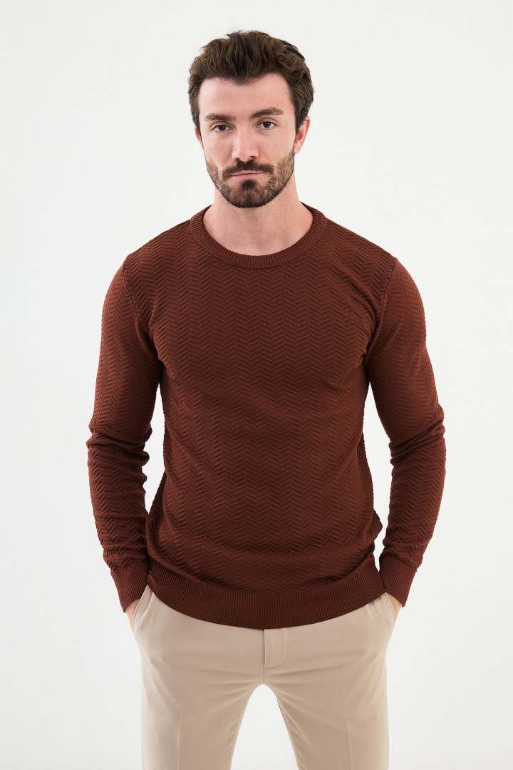 Tile Color Figured Design Classic Crew Neck Men's Knitwear