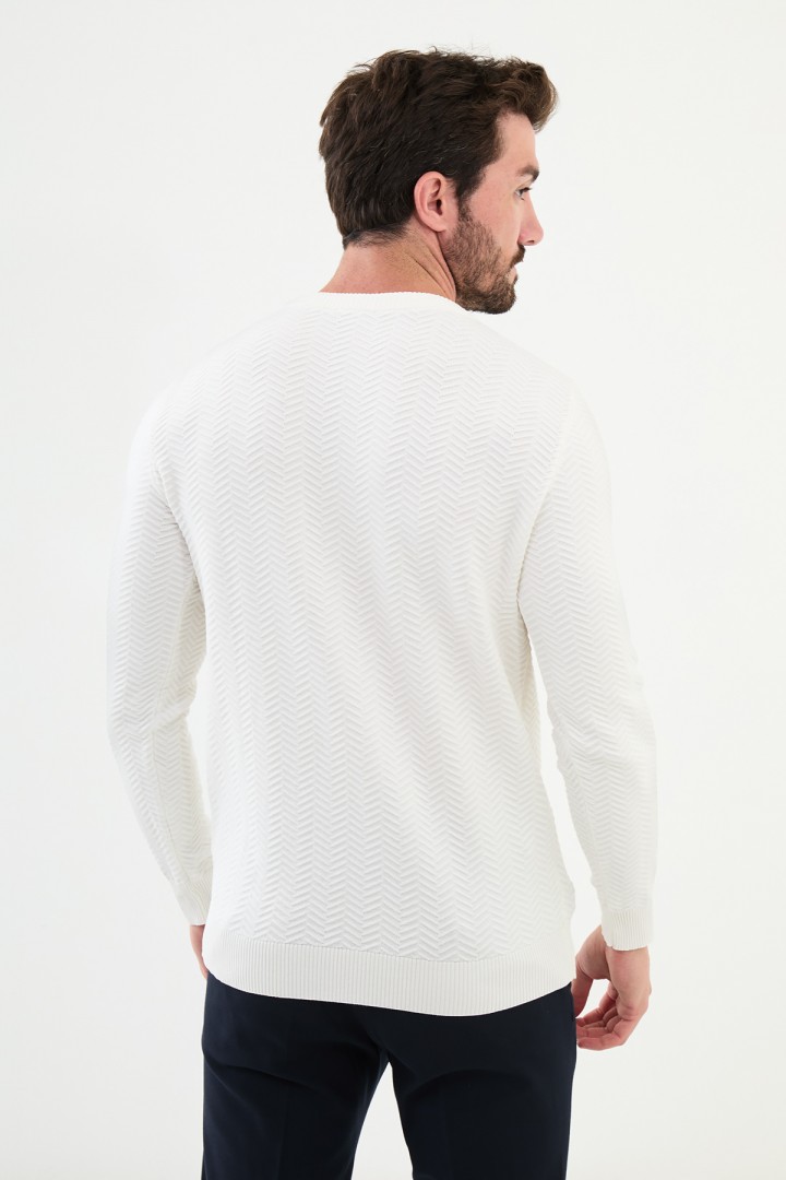 Ecru Color Figured Design Classic Crew Neck Men's Knitwear