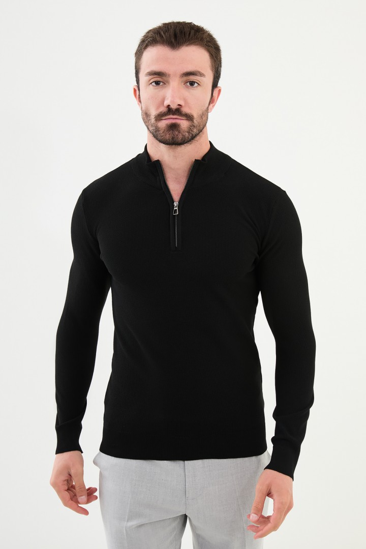 Black Color Striped And Zippered Design Casual Men's Knit Sweater