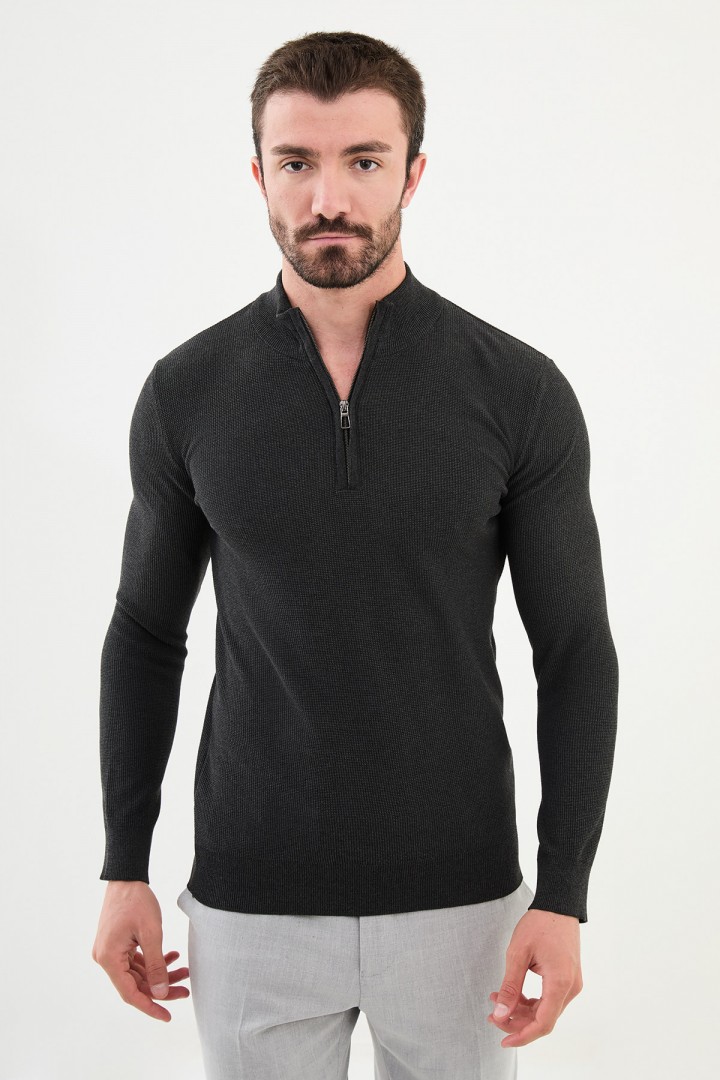 Anthracite Color Striped And Zippered Design Casual Men's Knit Sweater
